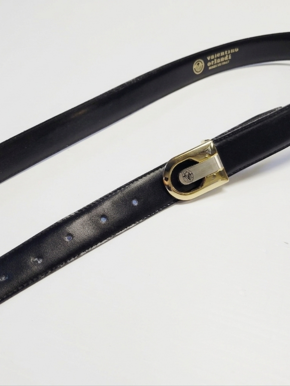 Valentino Orlandi Italy Leather Belt Size 125 Logo Crest Gold Silver Buckle